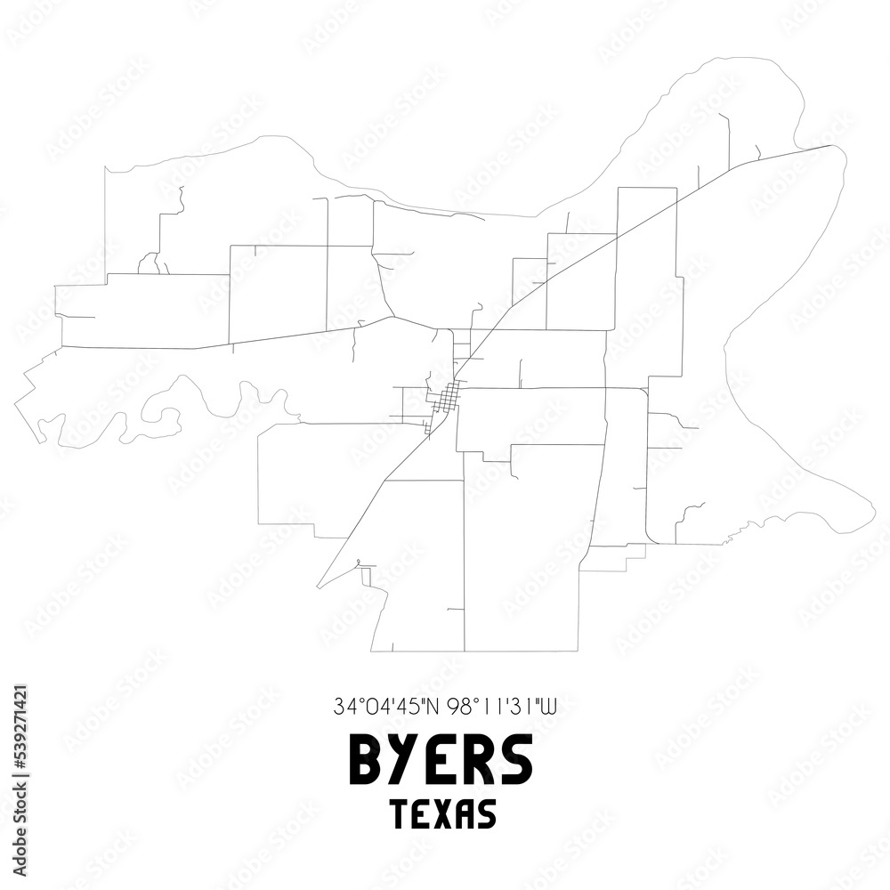 Byers Texas. US street map with black and white lines.