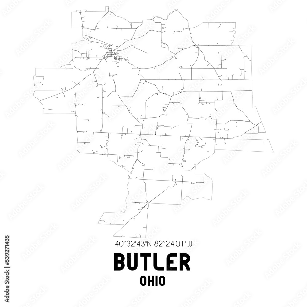 Butler Ohio. US street map with black and white lines.