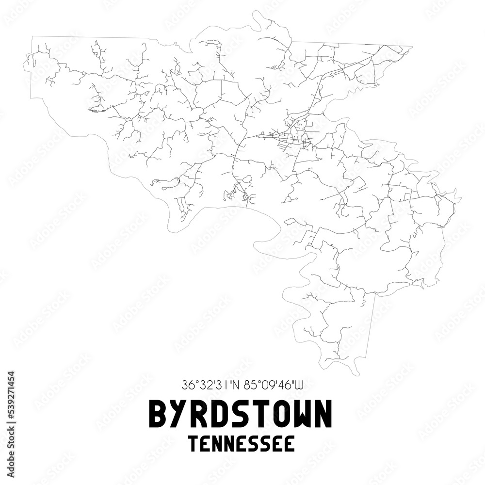Byrdstown Tennessee. US street map with black and white lines.