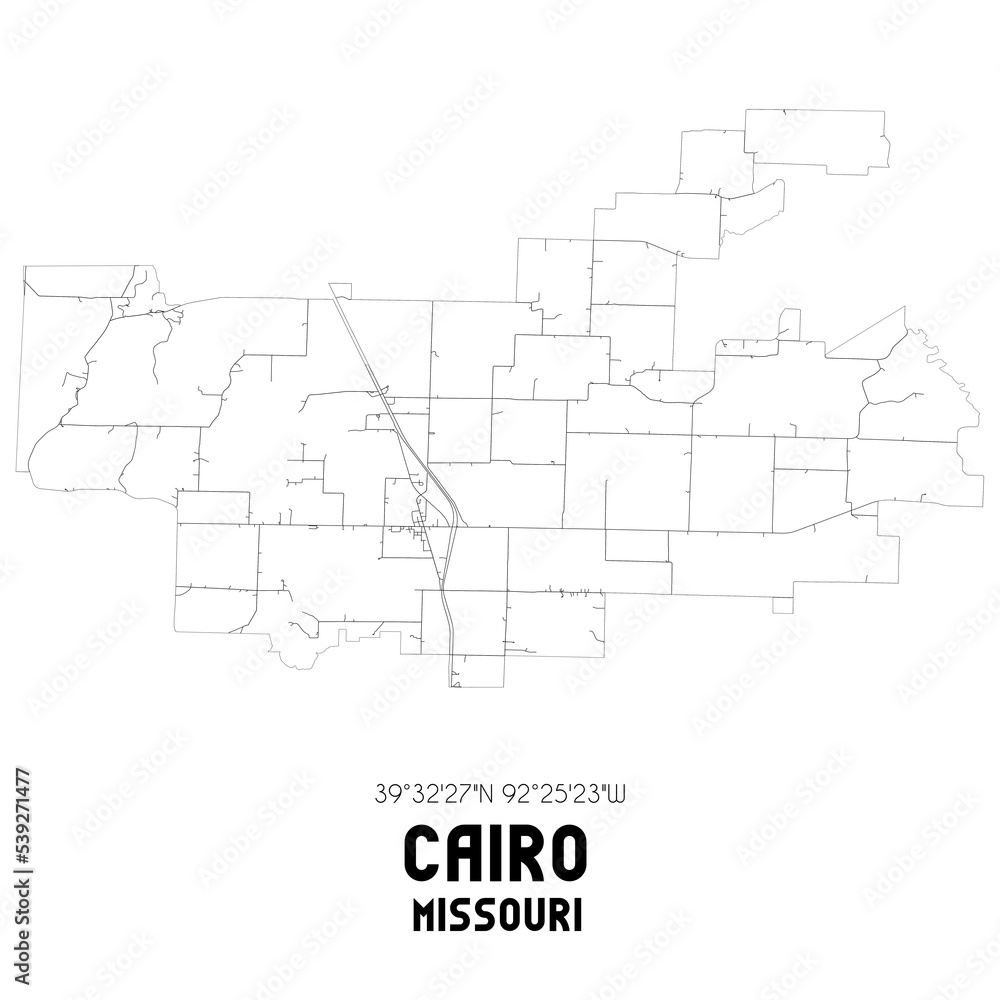 Cairo Missouri. US street map with black and white lines.