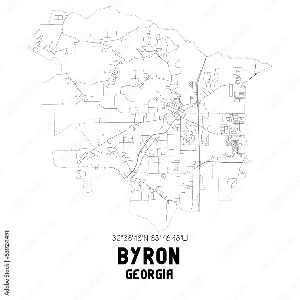 Byron Georgia. US street map with black and white lines.