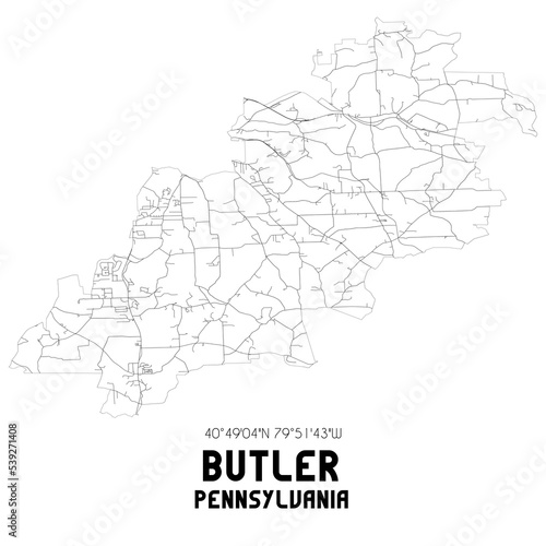 Butler Pennsylvania. US street map with black and white lines.