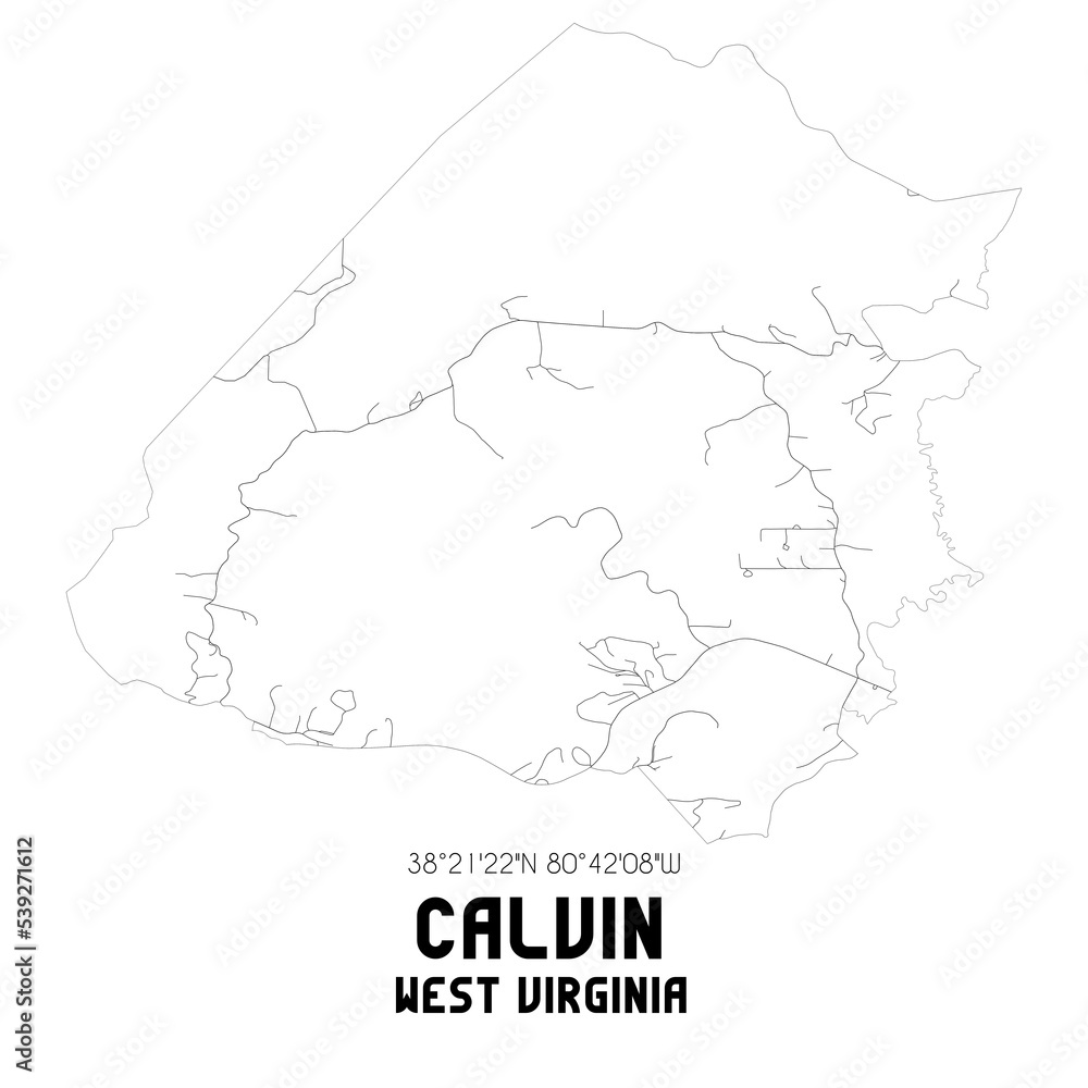 Calvin West Virginia. US street map with black and white lines.