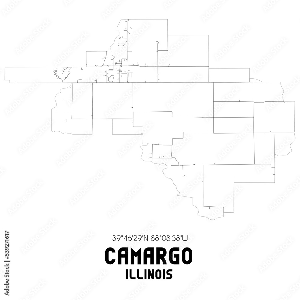 Camargo Illinois. US street map with black and white lines.