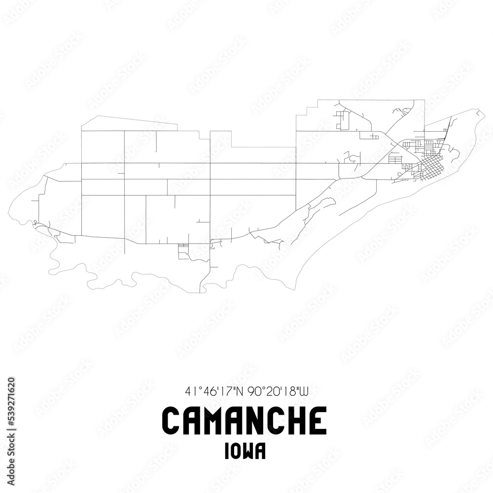 Camanche Iowa. US street map with black and white lines.