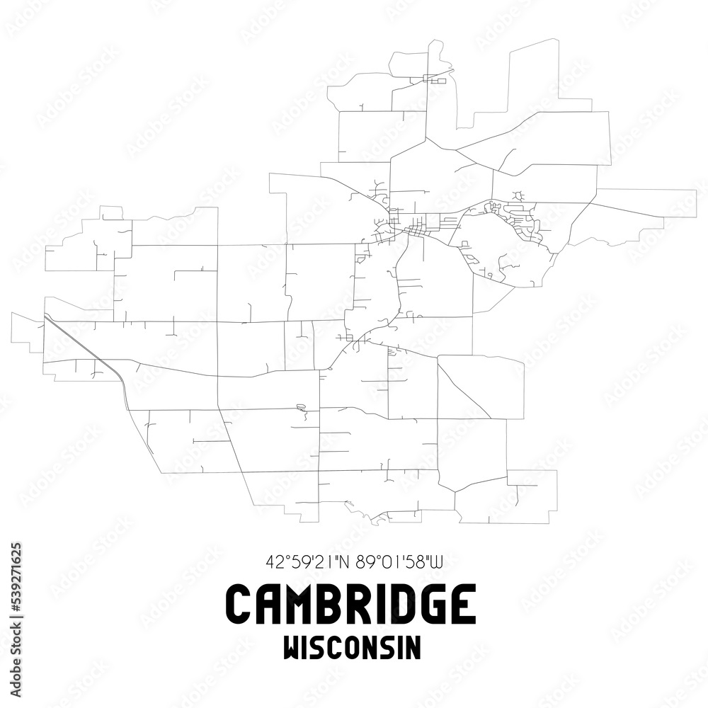 Cambridge Wisconsin. US street map with black and white lines.