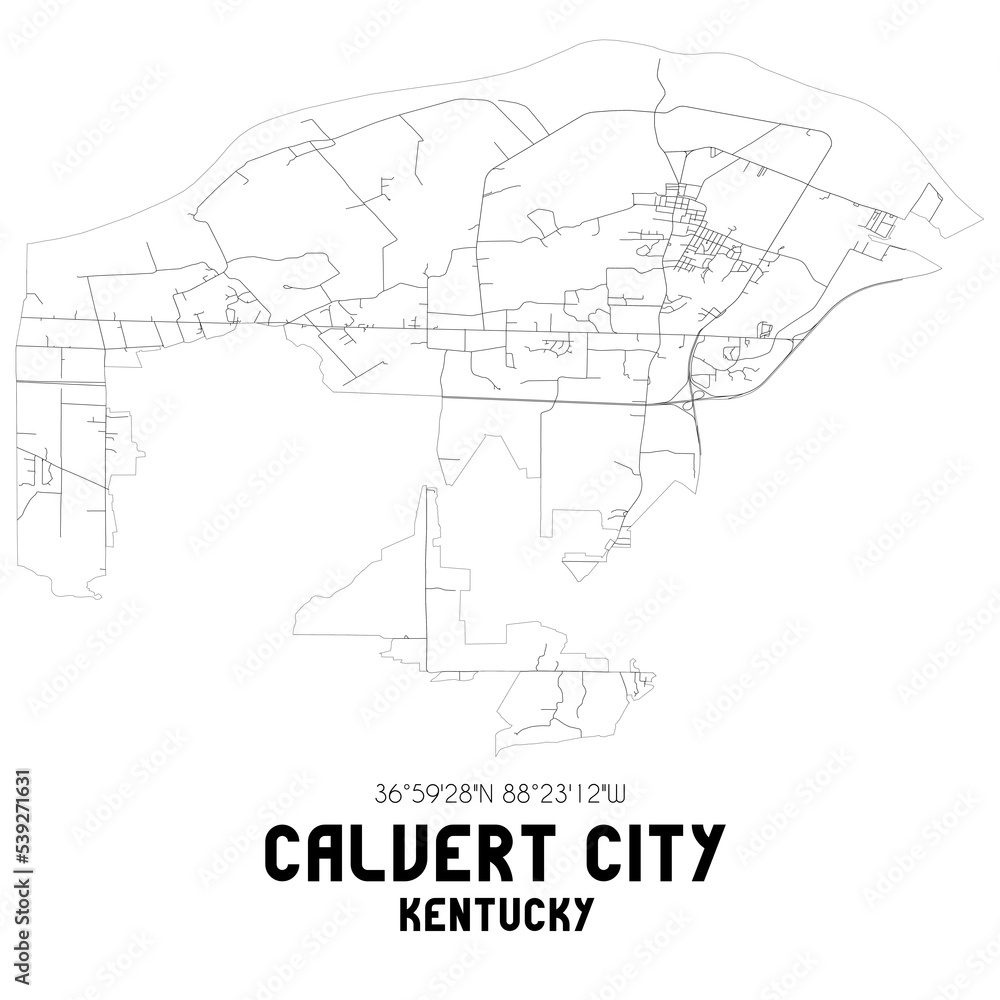 Calvert City Kentucky. US street map with black and white lines.