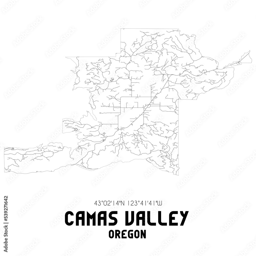 Camas Valley Oregon. US street map with black and white lines.