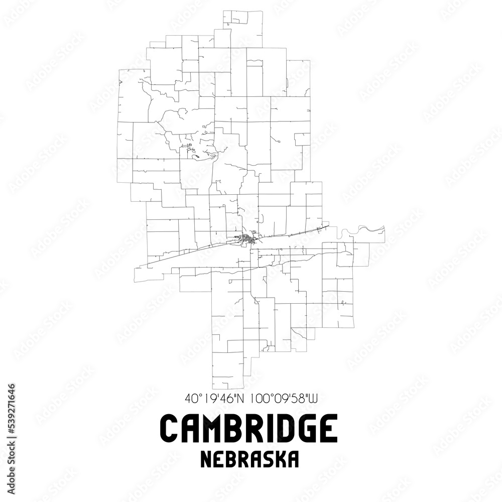 Cambridge Nebraska. US street map with black and white lines.