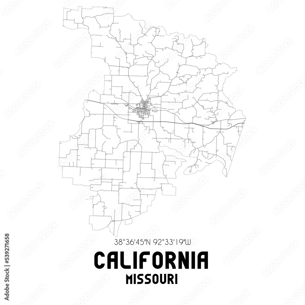 California Missouri. US street map with black and white lines.