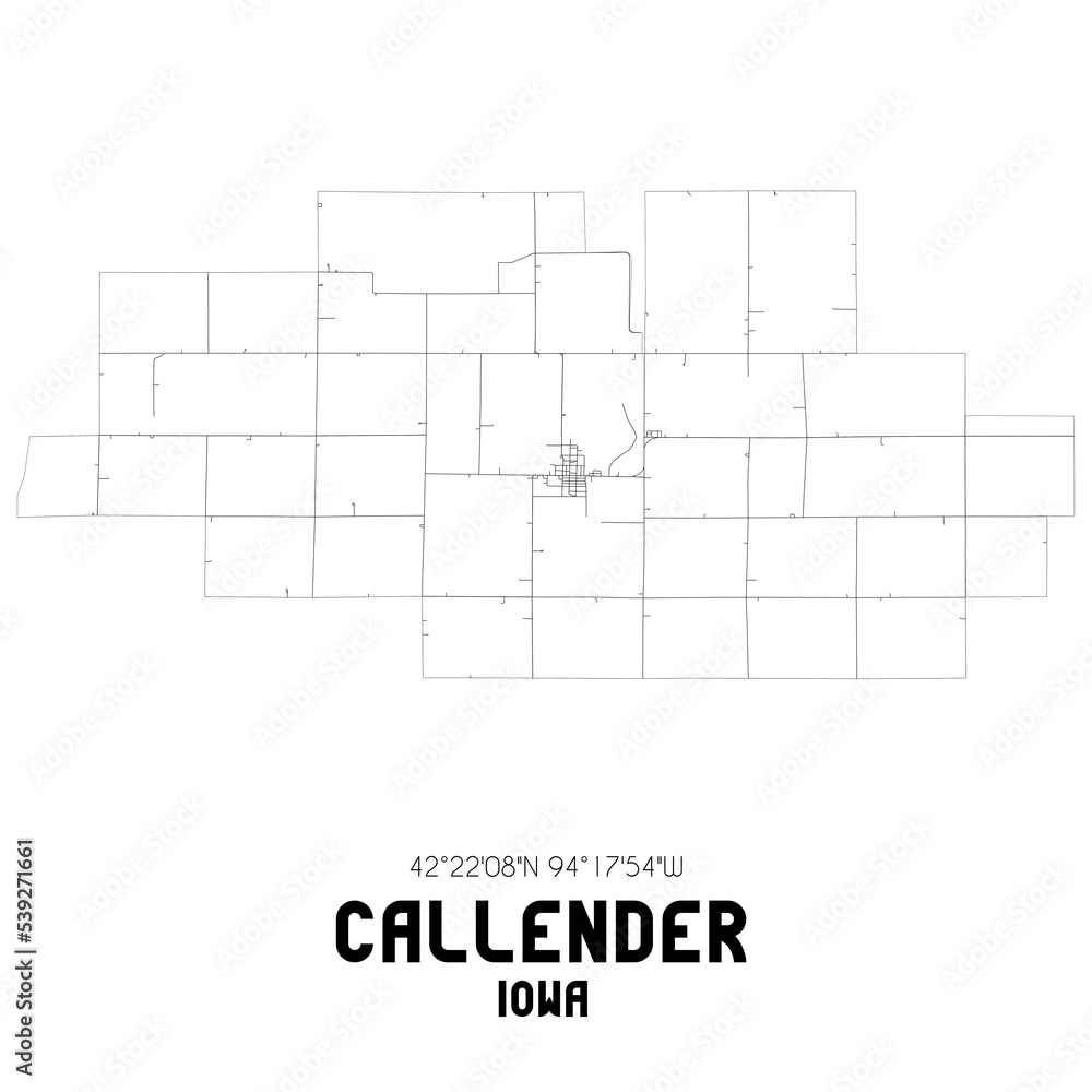 Callender Iowa. US street map with black and white lines.