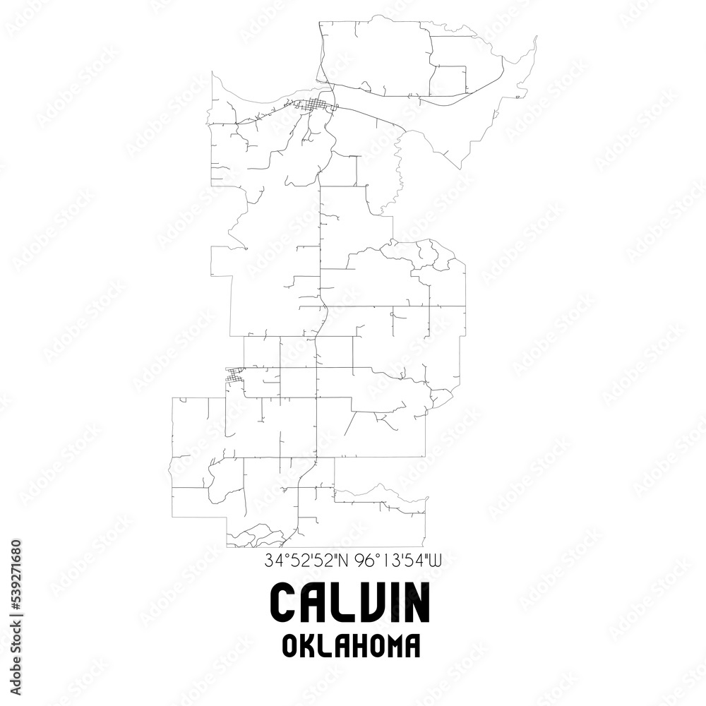 Calvin Oklahoma. US street map with black and white lines.