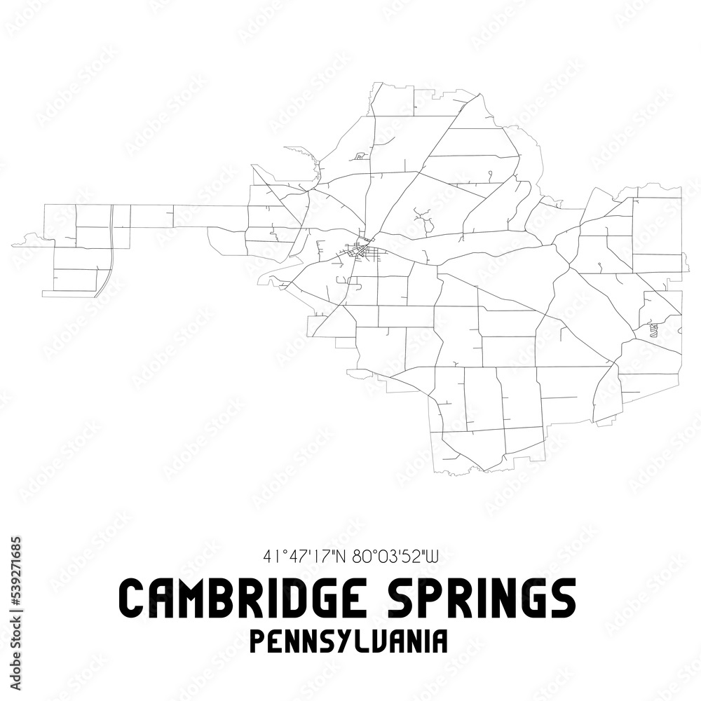 Cambridge Springs Pennsylvania. US street map with black and white lines.
