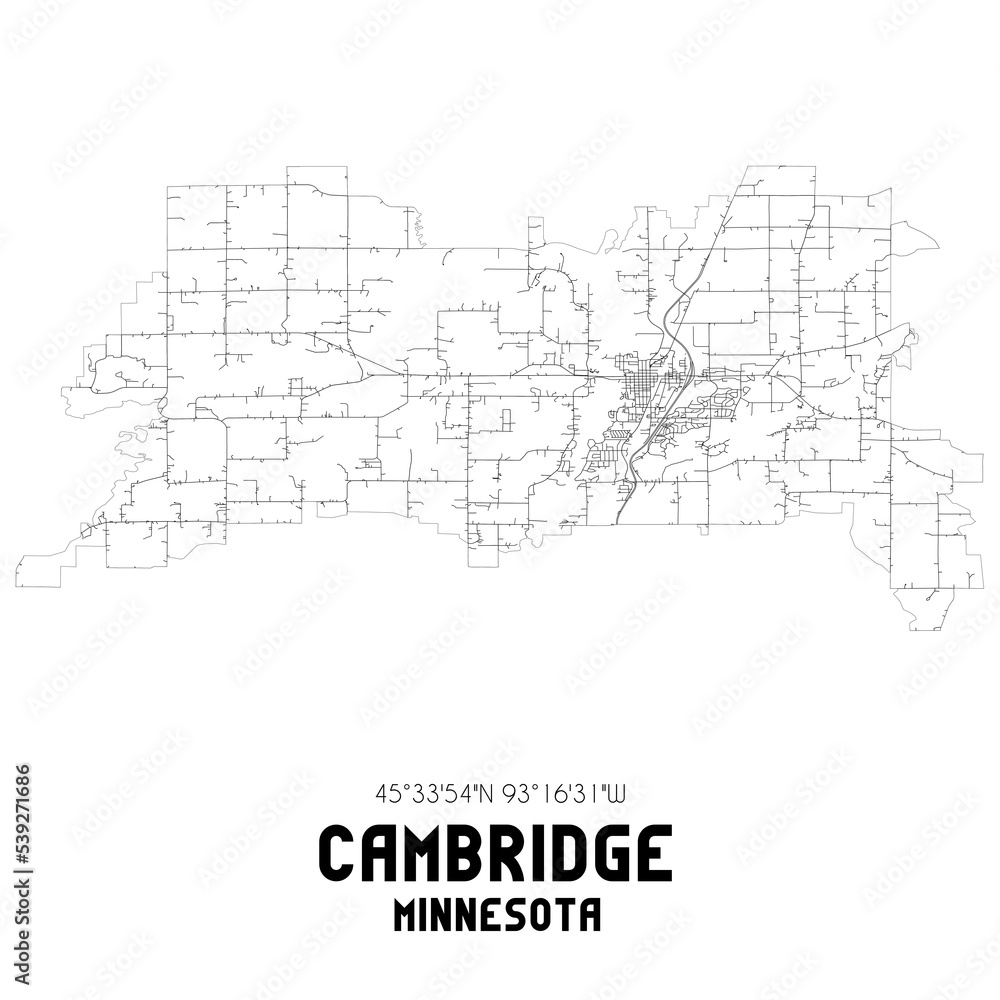 Cambridge Minnesota. US street map with black and white lines.