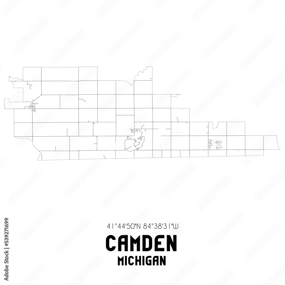 Camden Michigan. US street map with black and white lines.