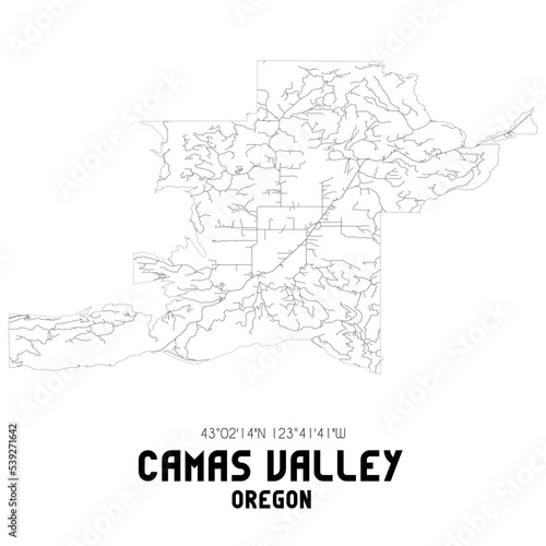 Camas Valley Oregon. US street map with black and white lines.