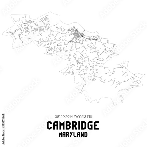 Cambridge Maryland. US street map with black and white lines.