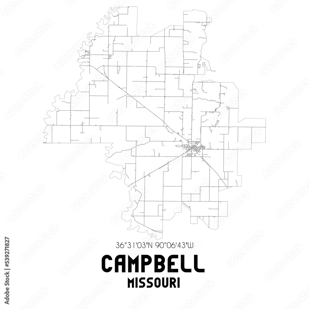 Campbell Missouri. US street map with black and white lines.