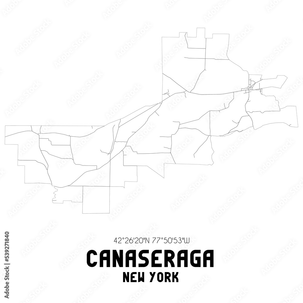 Canaseraga New York. US street map with black and white lines.
