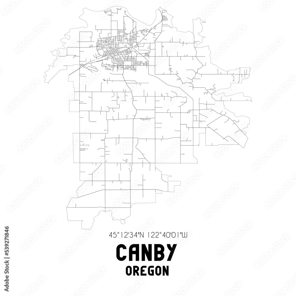 Canby Oregon. US street map with black and white lines.