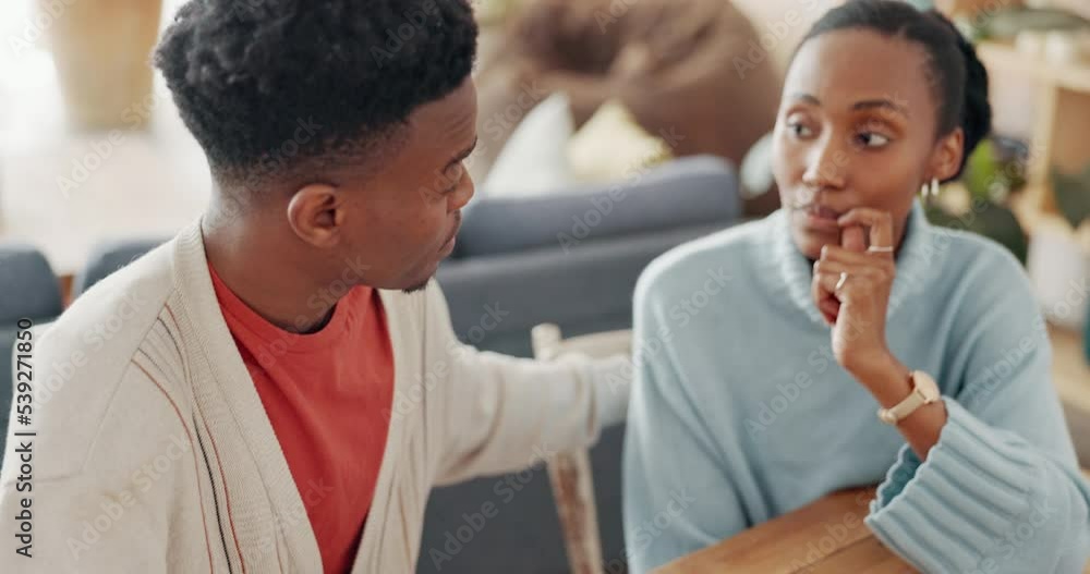 Black couple, care and support for rent payment of understanding people in relationship at home. African American man and woman getting through financial difficulty working together on debt or bills Black couple, care and support for rent payment of understanding people in relationship at home. African American man and woman getting through financial difficulty working together on debt or bills