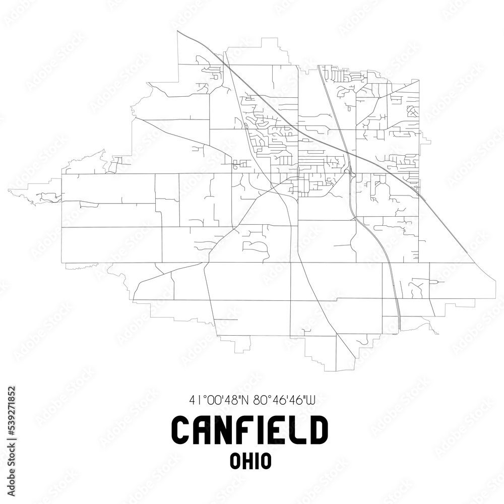 Canfield Ohio. US street map with black and white lines.