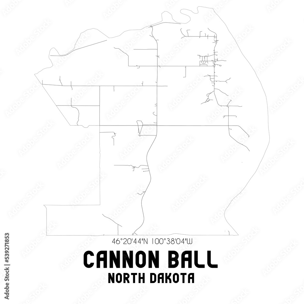 Cannon Ball North Dakota. US street map with black and white lines.