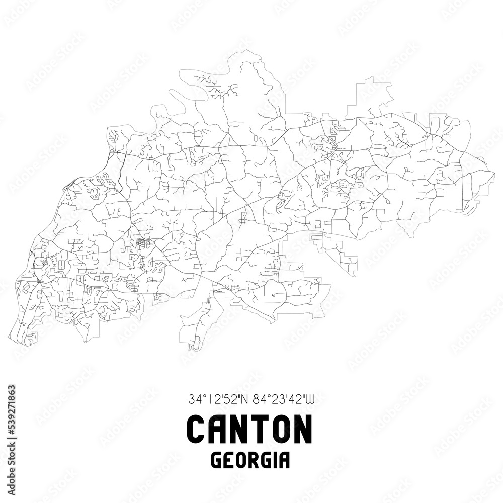 Canton Georgia. US street map with black and white lines.