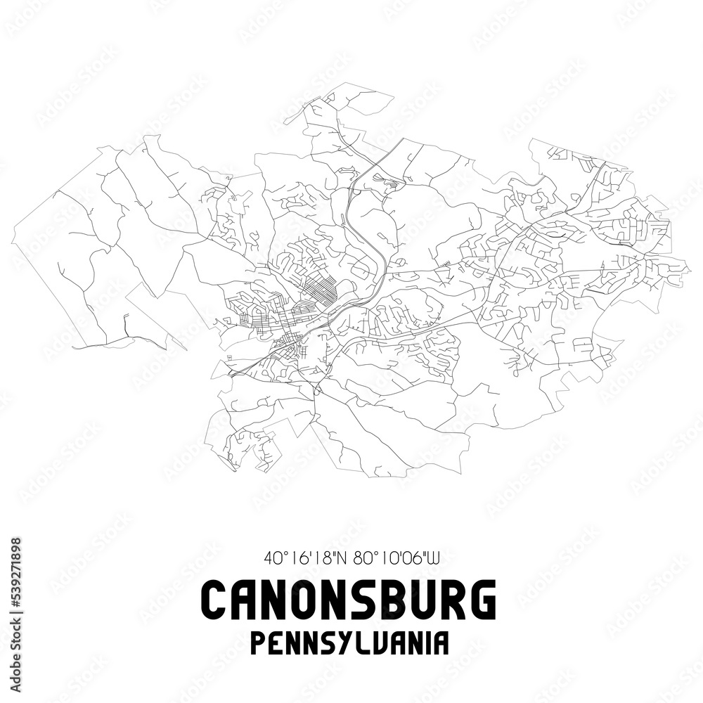Canonsburg Pennsylvania. US street map with black and white lines.