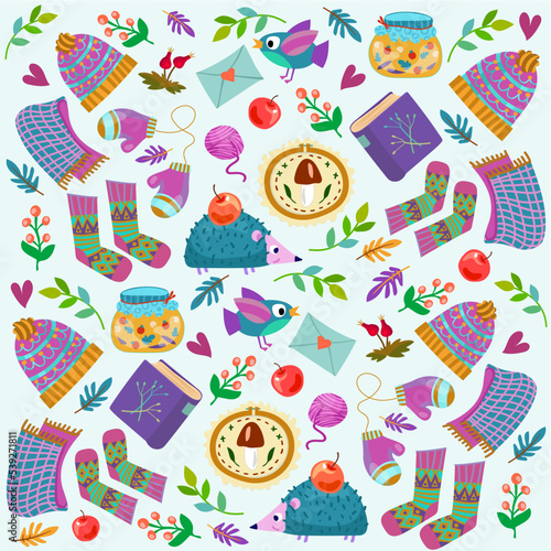 Cheerful children's vector seamless pattern, background. Winter theme. Winter clothes. Bird, scarf, hat, mittens, leaves, ball of thread, wool. Background for fabric, wallpaper, design. 