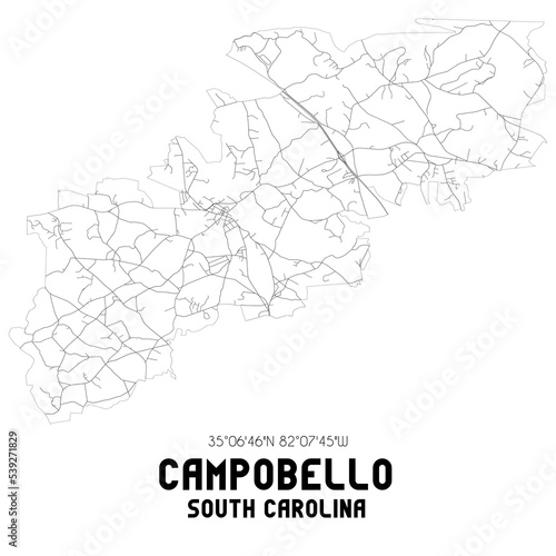 Campobello South Carolina. US street map with black and white lines.