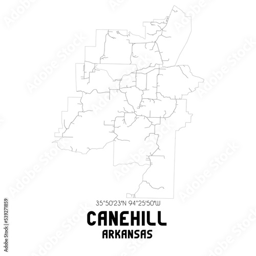 Canehill Arkansas. US street map with black and white lines.