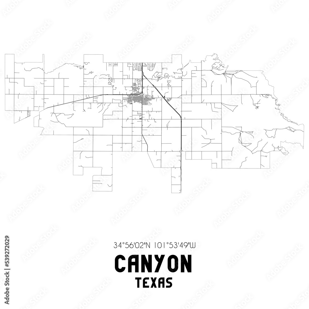 Canyon Texas. US street map with black and white lines.