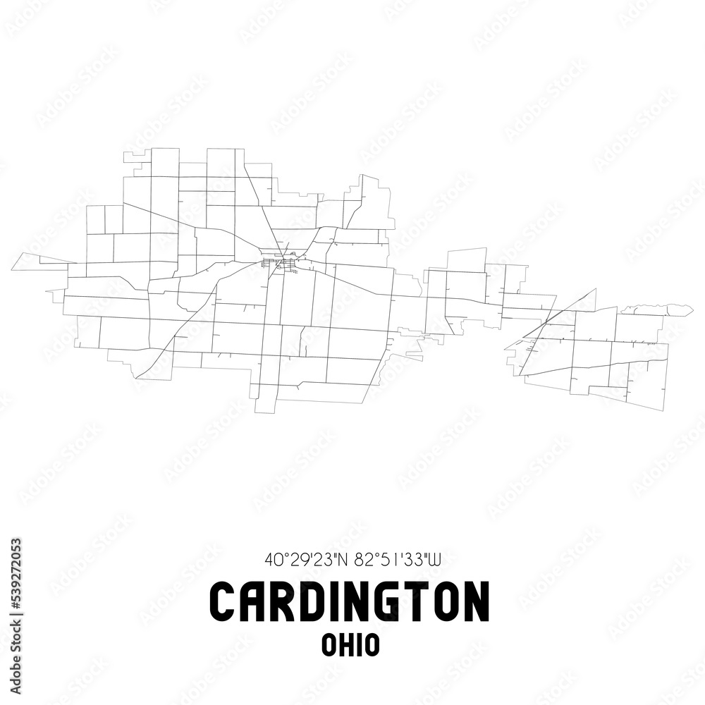 Cardington Ohio. US street map with black and white lines.