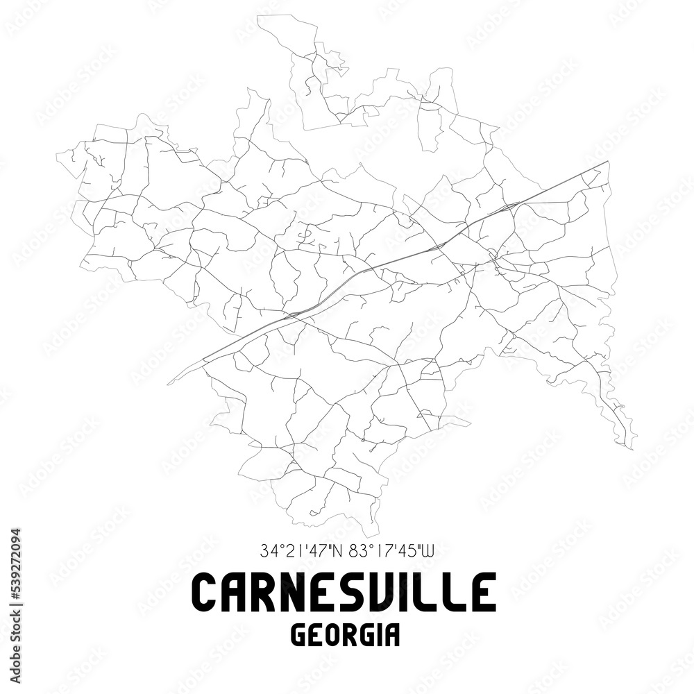 Carnesville Georgia. US street map with black and white lines.