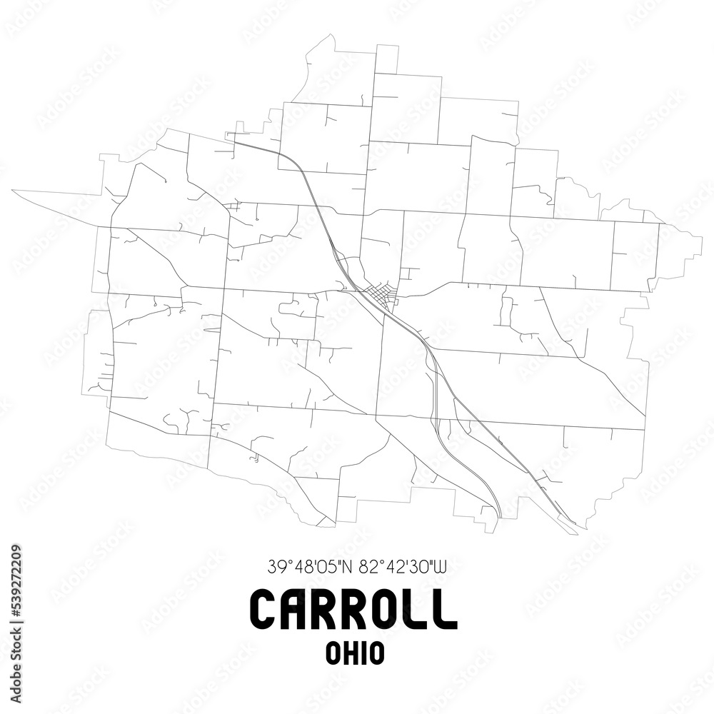 Carroll Ohio. US street map with black and white lines.