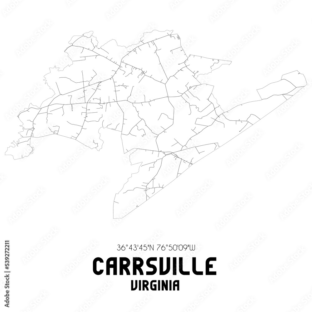 Carrsville Virginia. US street map with black and white lines.