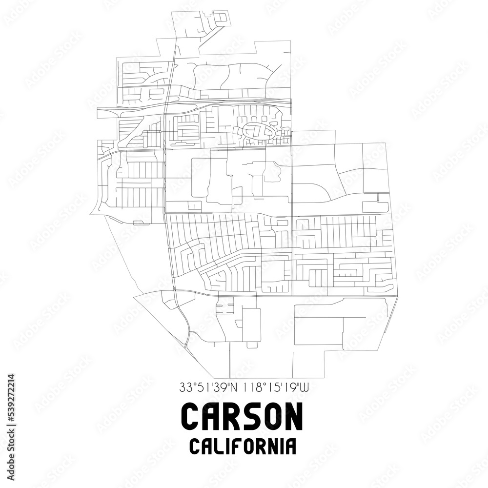 Carson California. US street map with black and white lines.