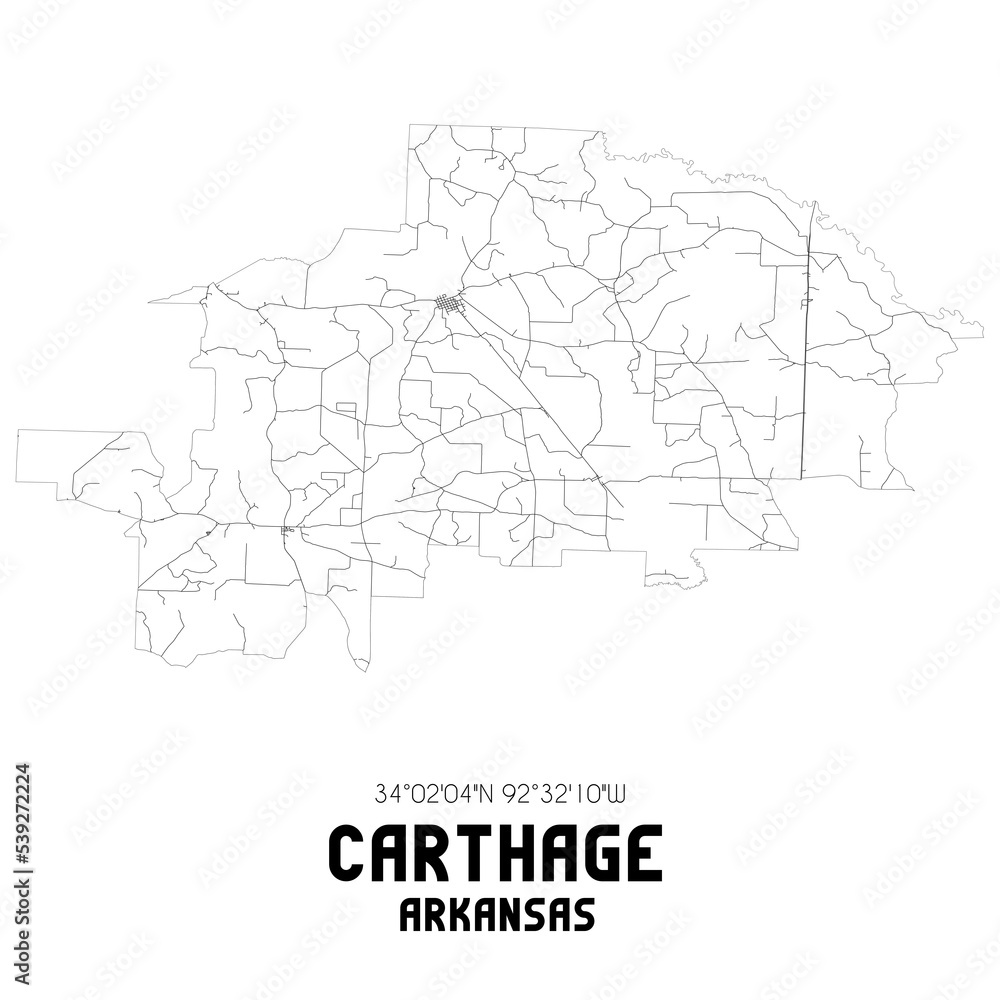 Carthage Arkansas. US street map with black and white lines.