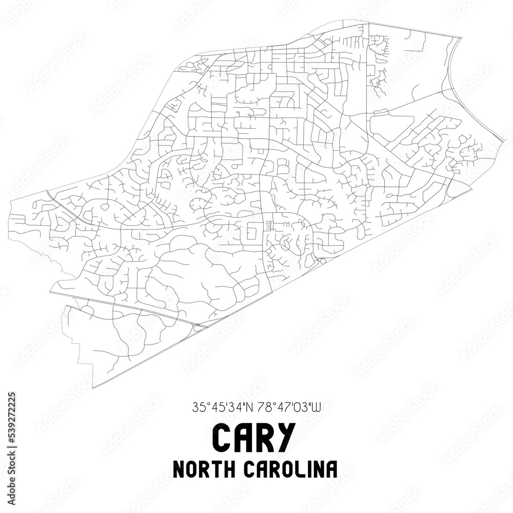 Cary North Carolina. US street map with black and white lines.