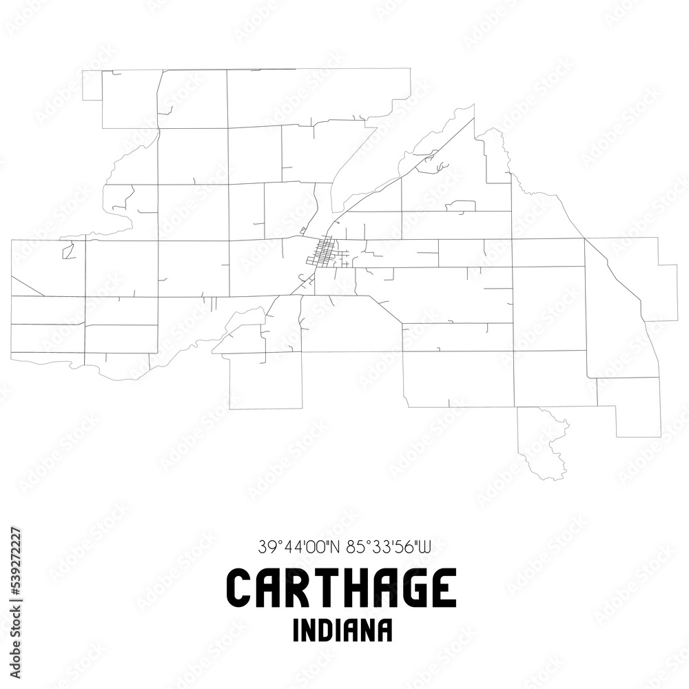 Carthage Indiana. US street map with black and white lines.