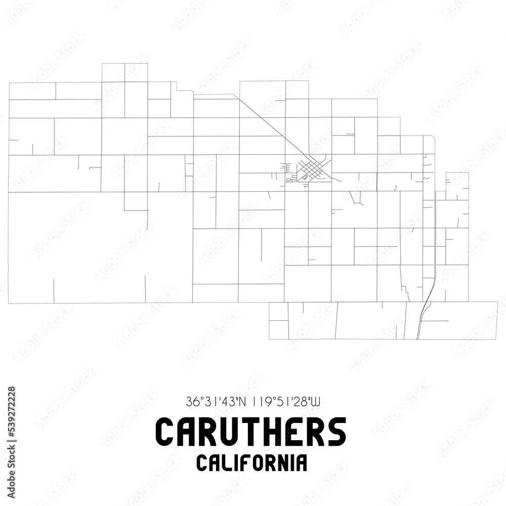 Caruthers California. US street map with black and white lines.