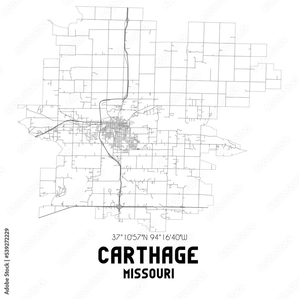 Carthage Missouri. US street map with black and white lines.