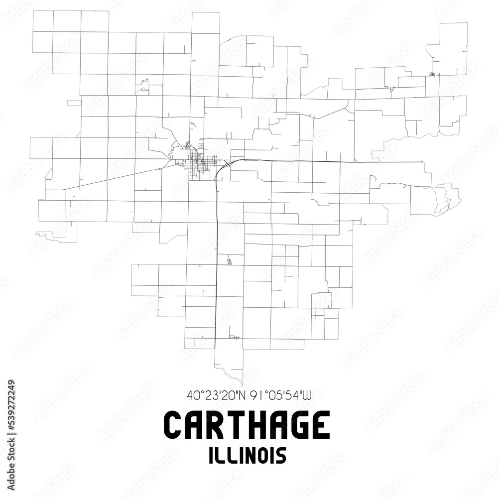 Carthage Illinois. US street map with black and white lines.