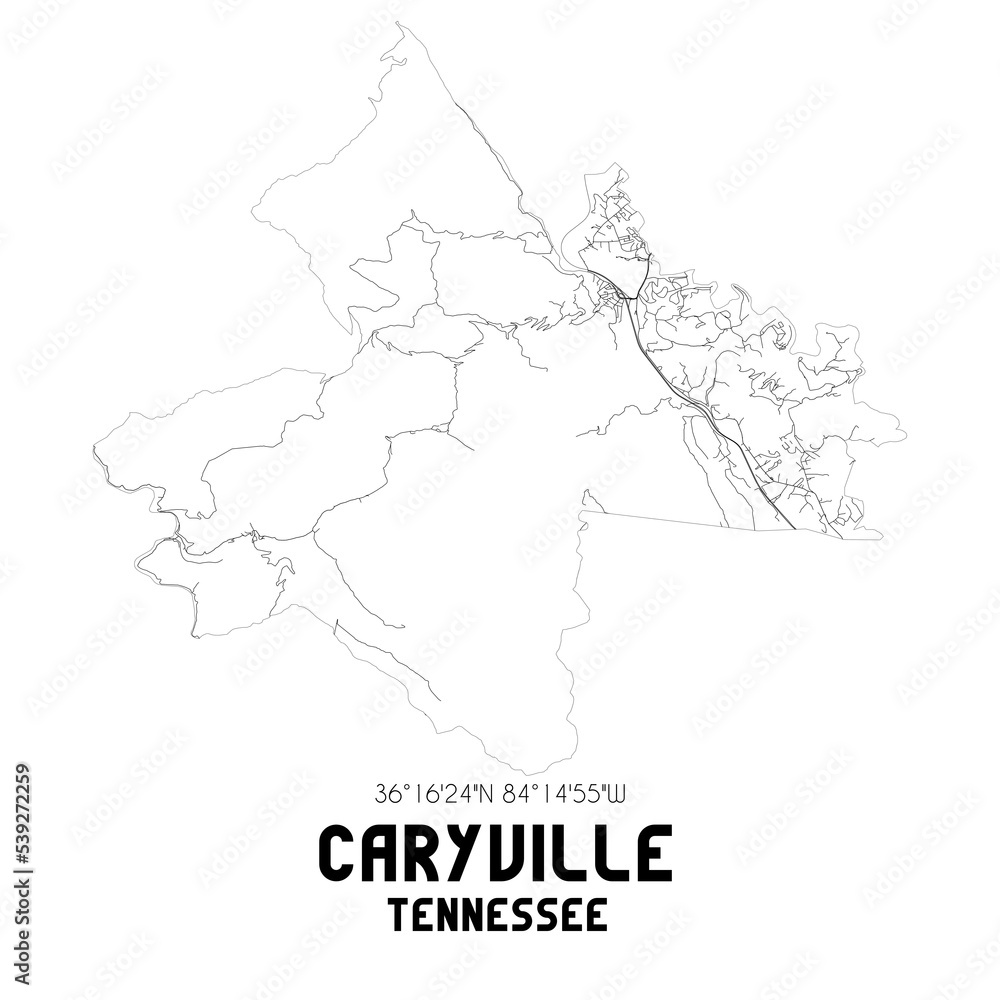 Caryville Tennessee. US street map with black and white lines.