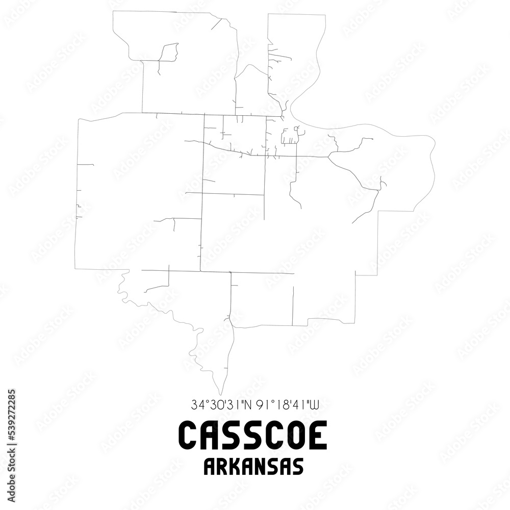 Casscoe Arkansas. US street map with black and white lines.