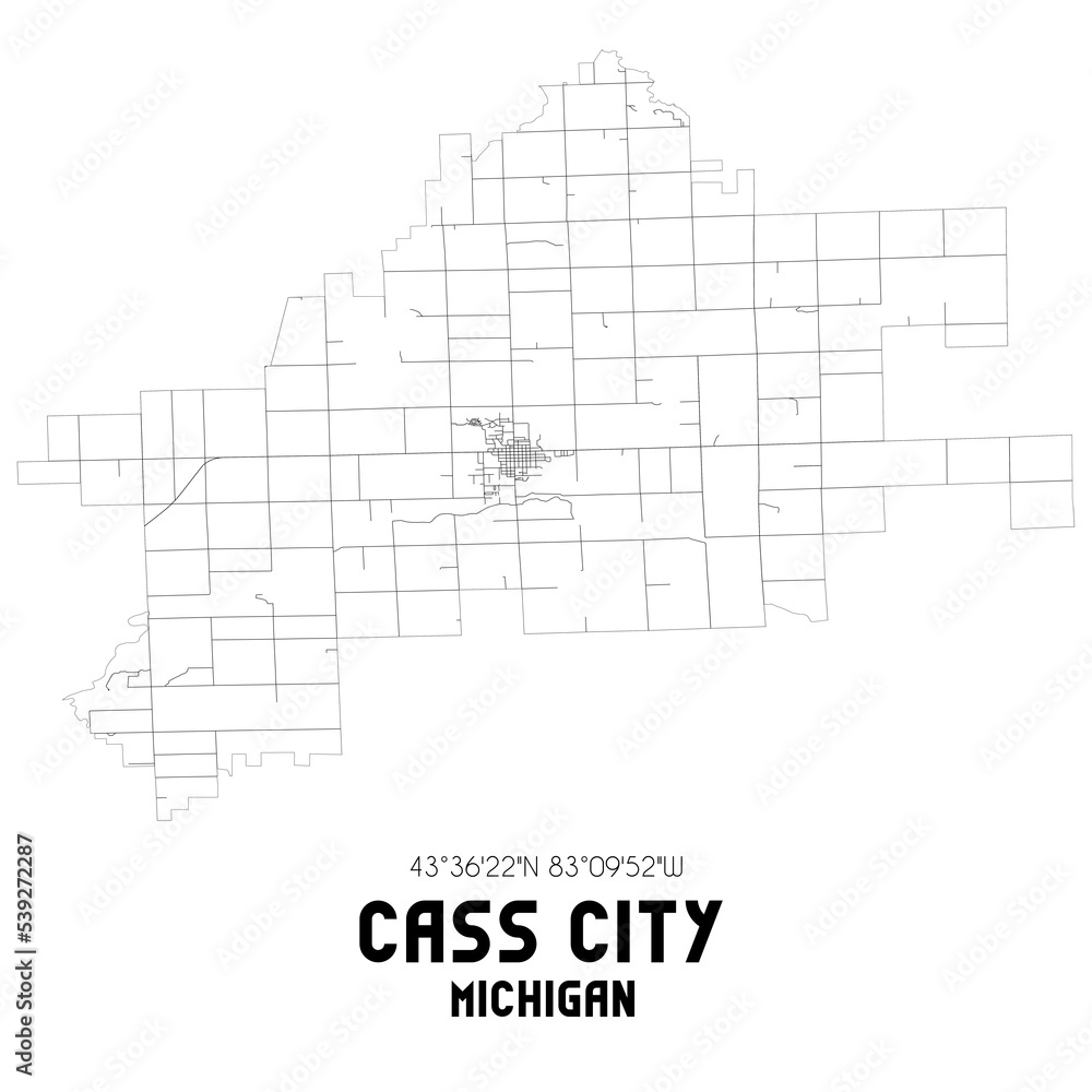 Cass City Michigan. US street map with black and white lines.