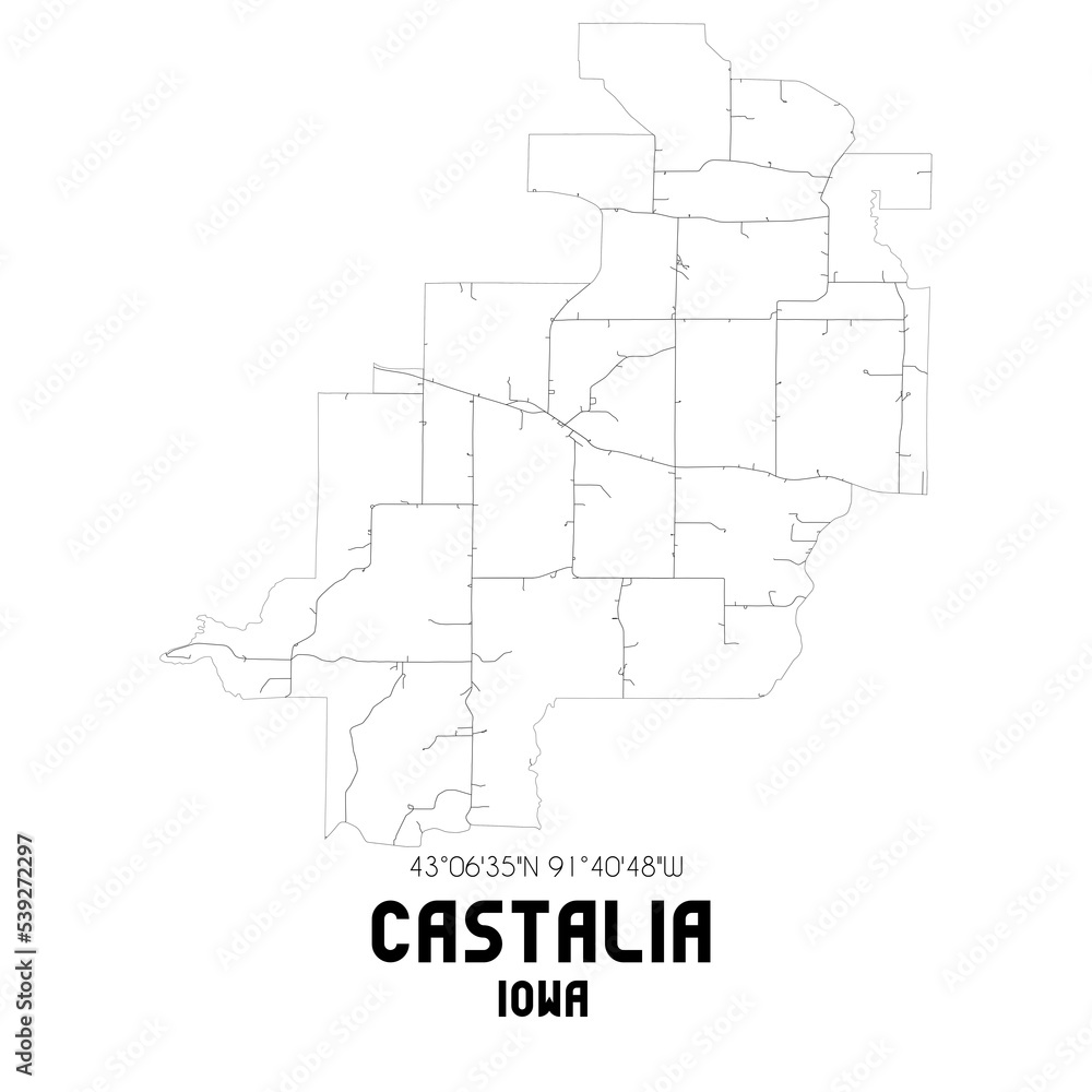 Castalia Iowa. US street map with black and white lines.