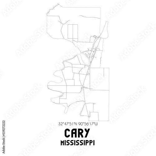 Cary Mississippi. US street map with black and white lines.