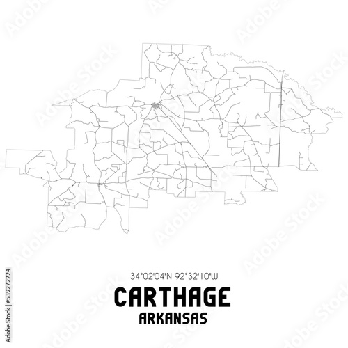 Carthage Arkansas. US street map with black and white lines.